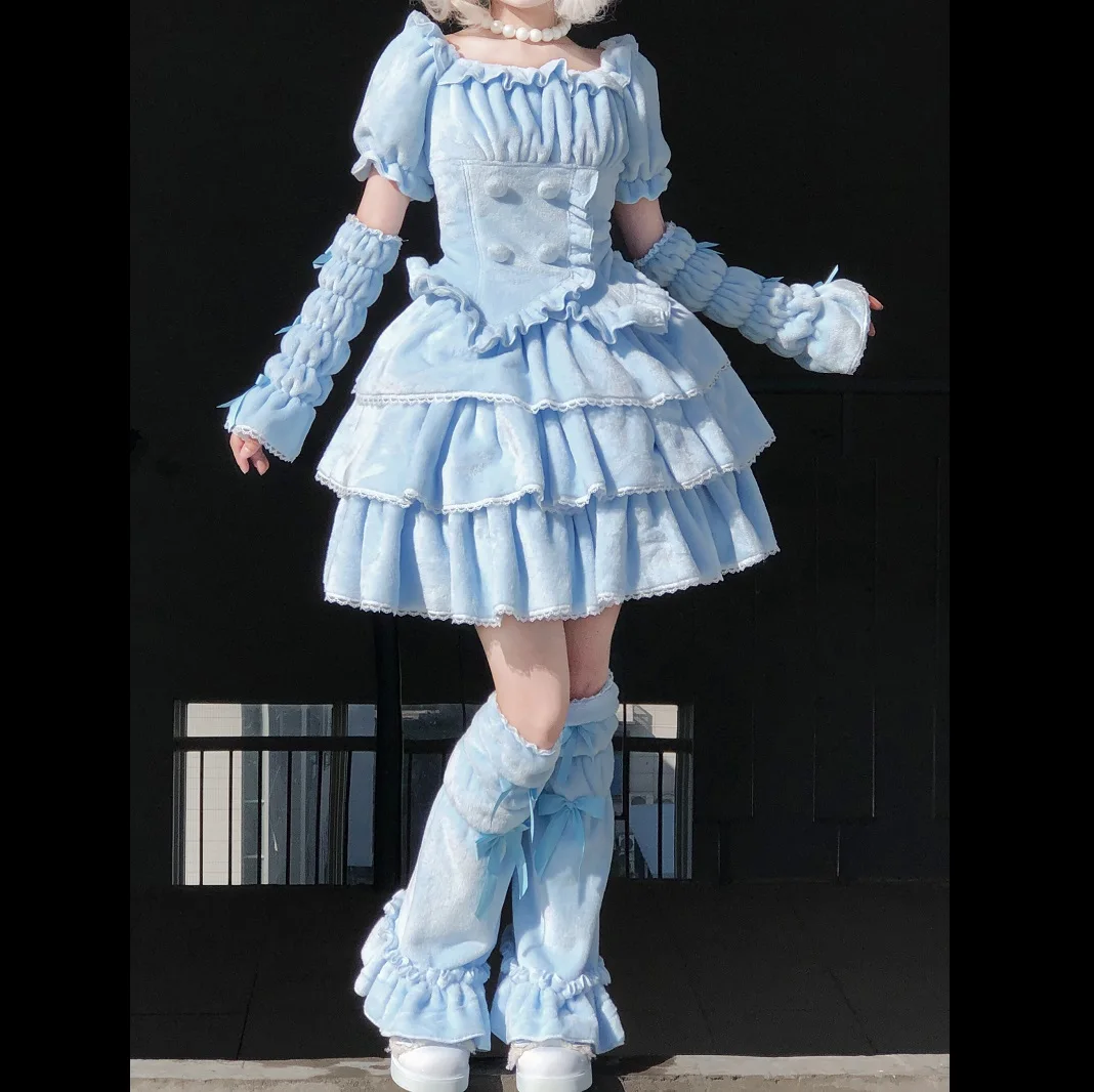 

Японский комплект в стиле Лолита Кавайи для женщин: плюшевые брюки-шаровары, блузка с пышными рукавами и гетры, 3 предмета, зимний комплект одежды