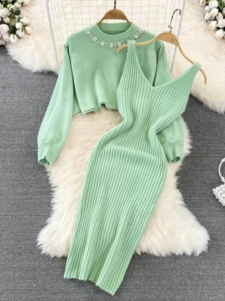 Two Piece Sets Womens Outifits Autumn Winter Solid O-Neck High Waist Short Bubble Sleeve Pullover Dress Two Piece Set Crop Top