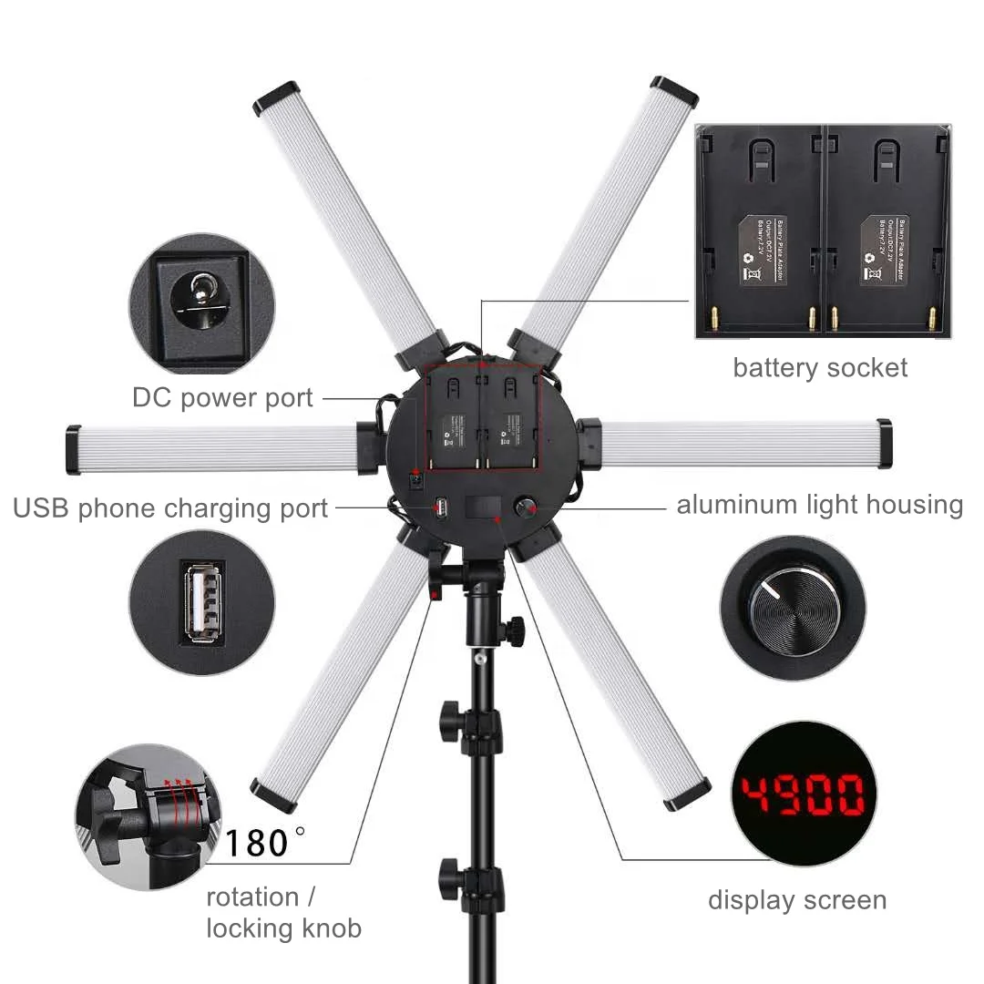 Beauty and Hair Equipment Six-Arm Mobile Phone Ring Light LED 55w Bi-Color 3200-5600K Nail Charging Light