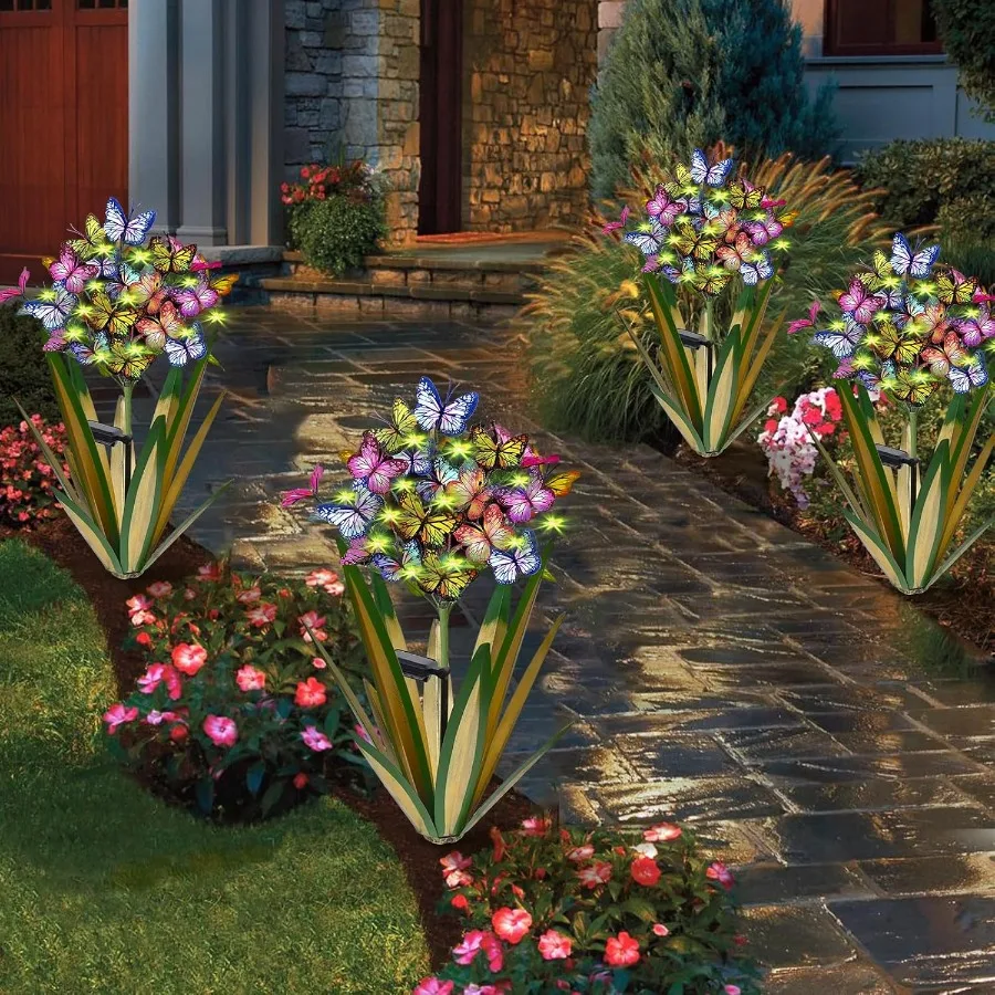 منحوتة حديقة الزهور المعدنية التي تعمل بالطاقة الشمسية مع فراشات زخرفية متمايلة لإضاءة عيد الميلاد الخارجية E