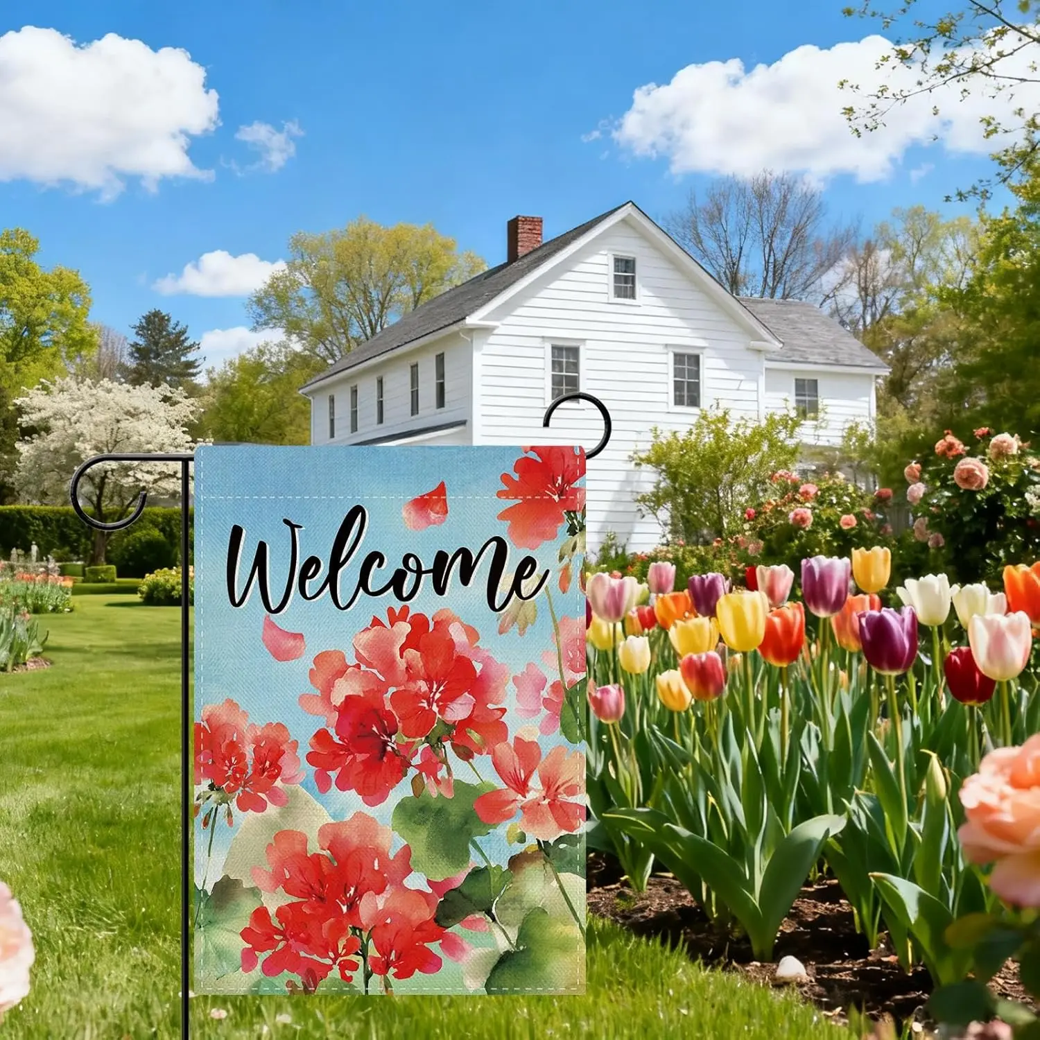 Dyrenson Welcome Spring Summer Geranium Flower Decorative Garden Flag, Watercolor Red Floral Yard Outside Home Decoration, B AAS