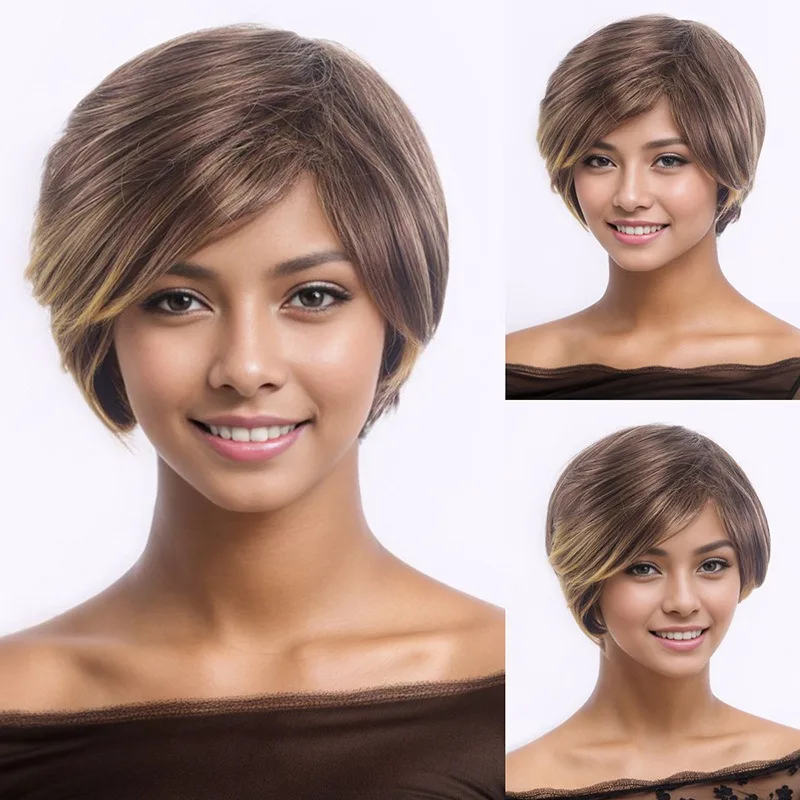 Film Cosplay Pruik Mode Vrouw Kort Haar Goudbruin Hoge temperatuur Zijde Gesimuleerd Haar Roos Netto Dagelijkse slijtage Volledige pruiken