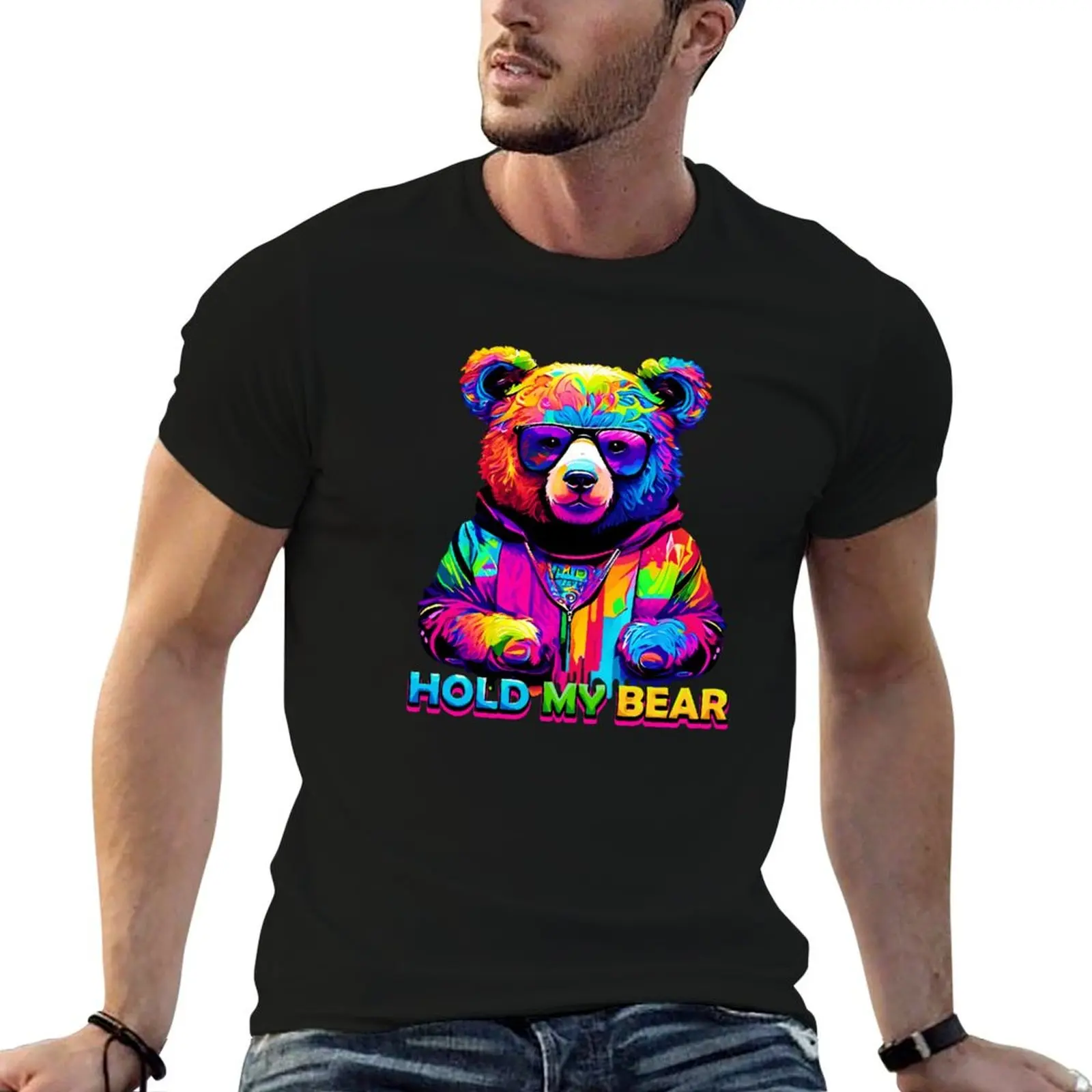 colorful cool bear (hold my bear) T-Shirt Basic Solid Color Casual Tee Shirt