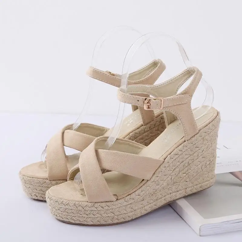 Size 30-44 Women\'s Summer Wedge Sandals High Heel Platform Platform Open Toe Shoes Grey Straw Heel