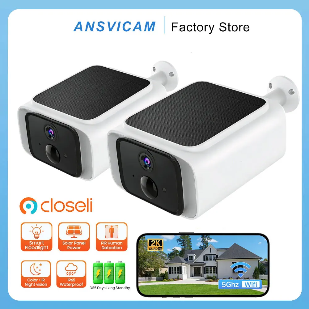 ANSVICAM 2K Solar Security Camera 5MP Outdoor Wireless 5G WIFI Camera Battery Cam Floodlight Color Night Vision IP Surveillance