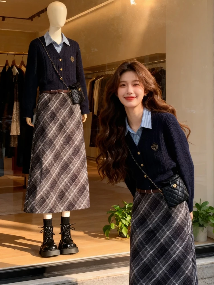 

Faionable College Sle Knitted Top And Skirt Set Autumn Winter Slimming A-Line Plaid Dr Warm Casual Women's Outfit