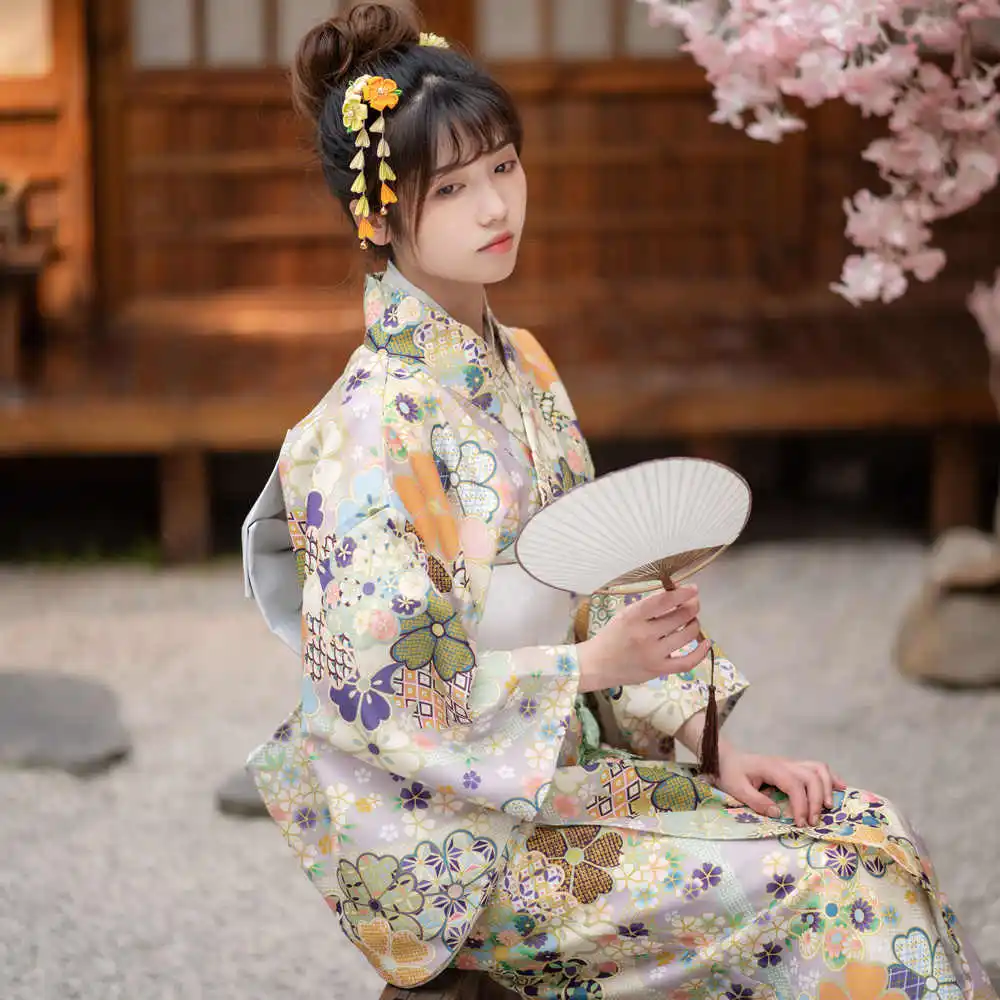 Japanese Traditional Kimono Yukata Mint Green Small Floral Patterns Clothing Retro Cute Girl Travel To Japan Take Pictures Dress