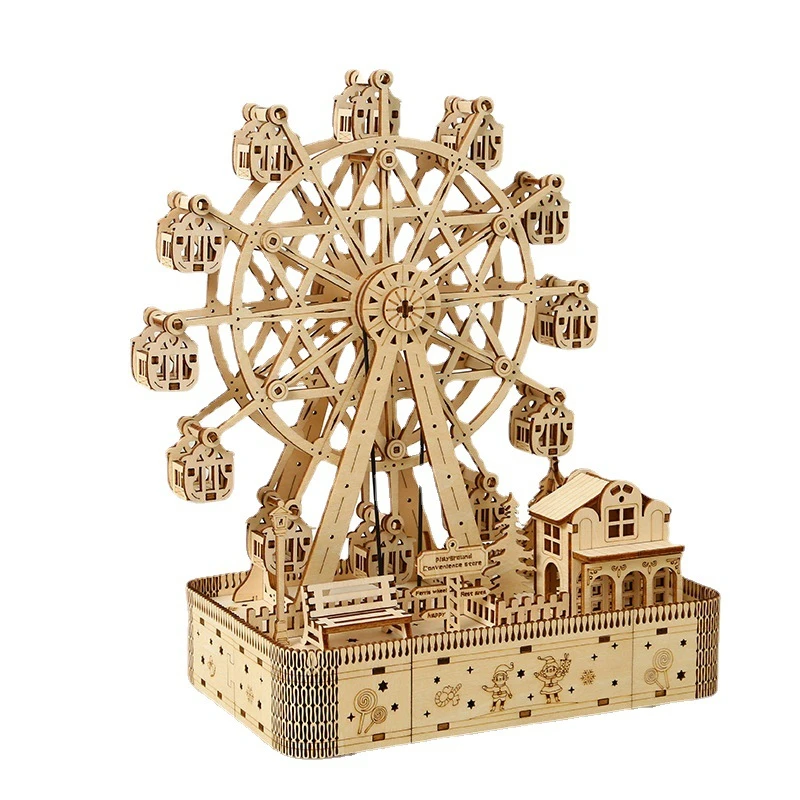 NEW Mechanical 3D Puzzle DIY Wooden Ferris Wheel with Music Light Model Building Kits Handmade Crafts Toys for Children Gifts