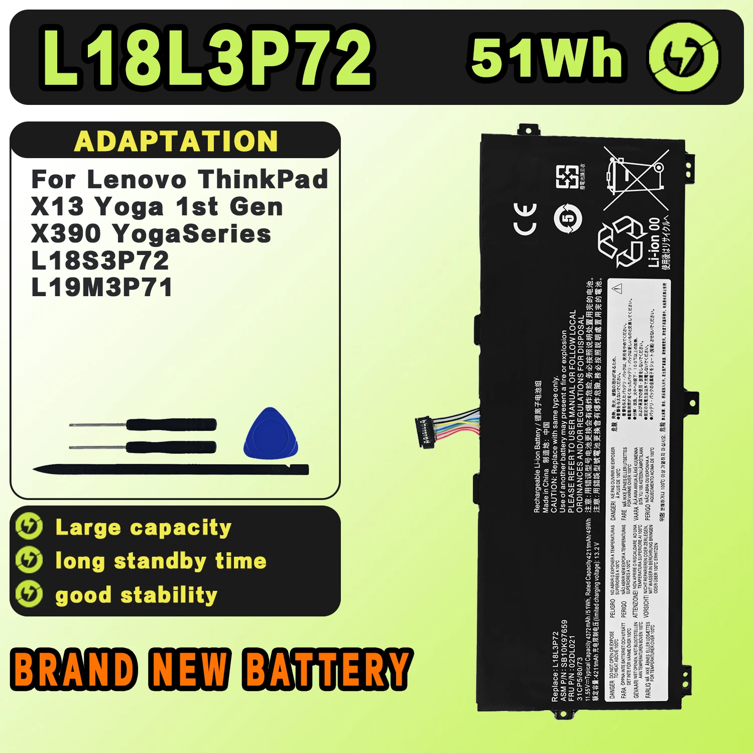 SAT L18L3P72 New Laptop Batteries Replacement For LENOVO ThinkPad X390 Yoga X13 Yoga SB01K97659 02DL021 L18S3P72 11.55V51Wh