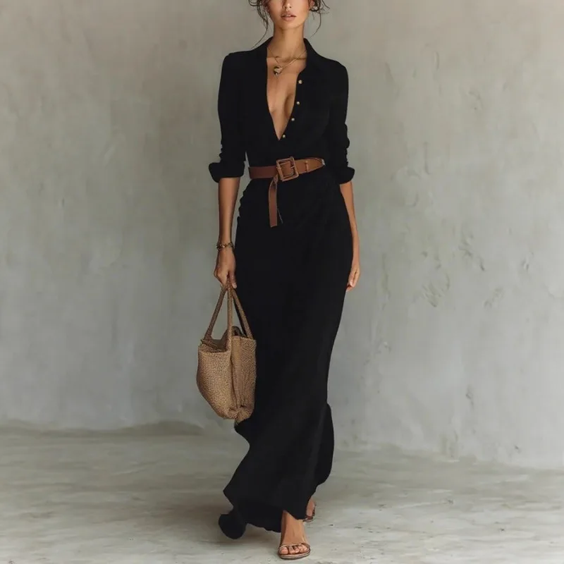 エレガントな女性はベルト付きロングドレスを折り畳みますシックな秋長袖ターンダウンカラーイレギュラーシャツドレスストリートウェア