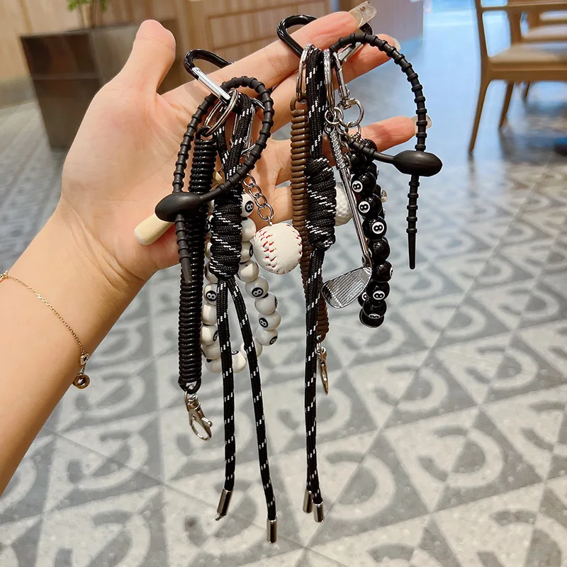 Y2K Beads String Hand Braided Rope Golf Keychain Korean Version Braided Rope Netred Car Key Chain Bag Hanging Decorat