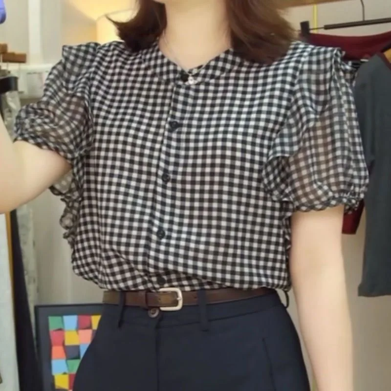 

Sweet Preppy Plaid ort Sve irt Women's Faion Slimming Versatile Summer Top Ladylike Commute Sle Bubble Sve Poly...