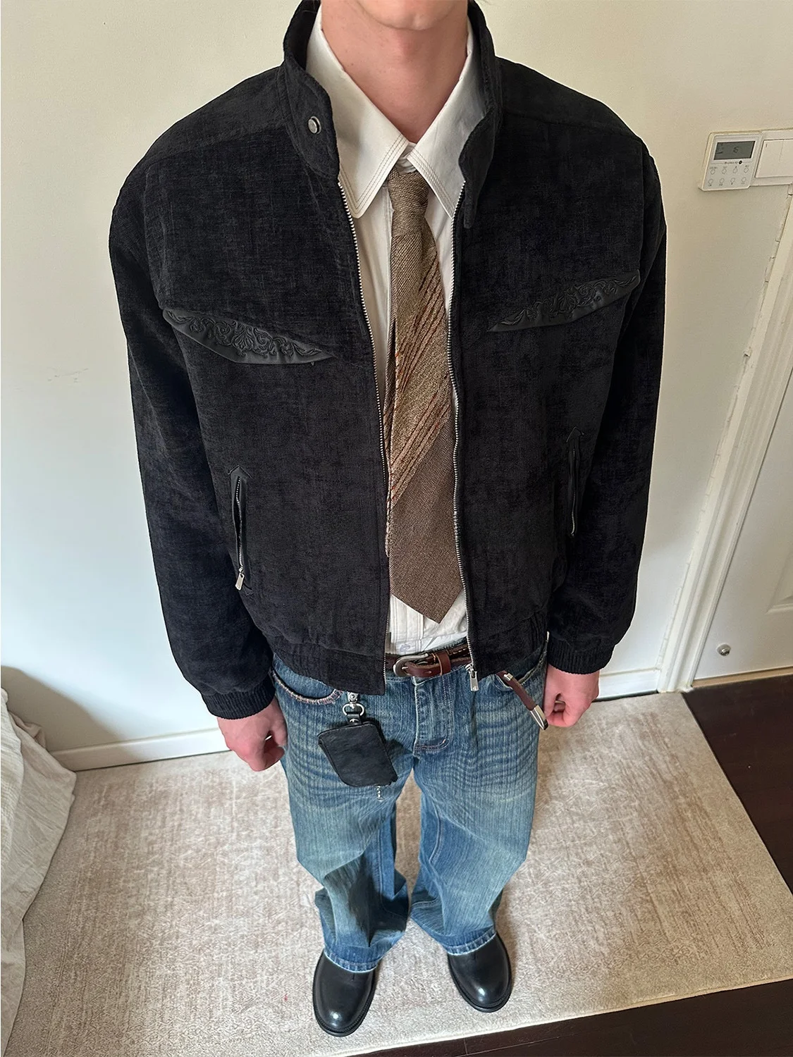 

Velvet erpa Jaet adow Stripe ort Wide Fit Leather Patchwork Men's Autumn Winter Top ex Outerwear Casual Sle