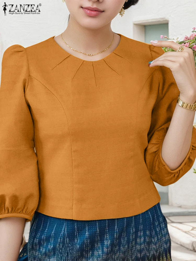 ZANZEA เสื้อผู้หญิงขนาดใหญ่ 2025 ฤดูใบไม้ร่วงแขนพัฟเสื้อหรูหราแฟชั่น 3/4 แขน O-คอสบายๆเสื้อเกาหลี