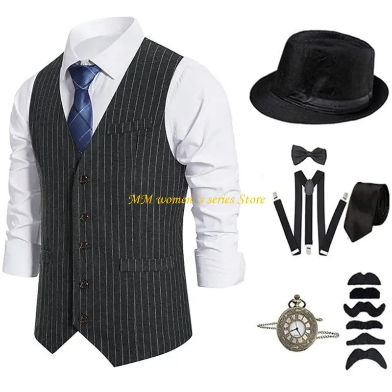 

Q39C 1920s Mens Costume,Roaring 20s Costumes for Men,1920s Mens Outfit Accessories with Vest Hat Pocket Watch Tie Suspenders