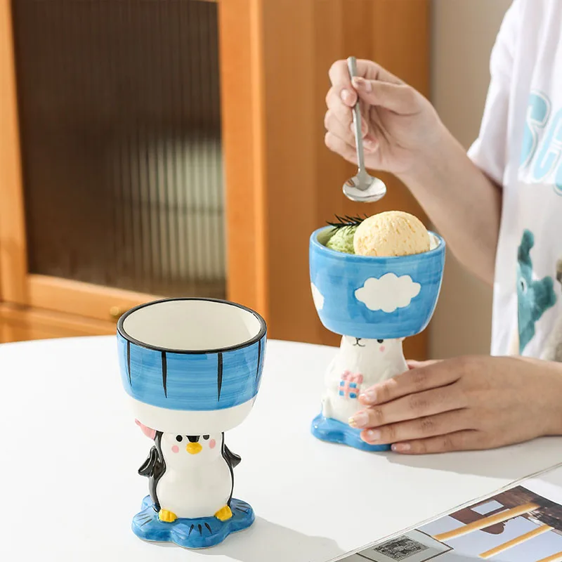 Cartoon Hand-painted Penguin Polar Bear Ceramic Stemware Living Room Table Ice Cream Cup Dessert Bowl Fruit Bowl Birthday Gifts