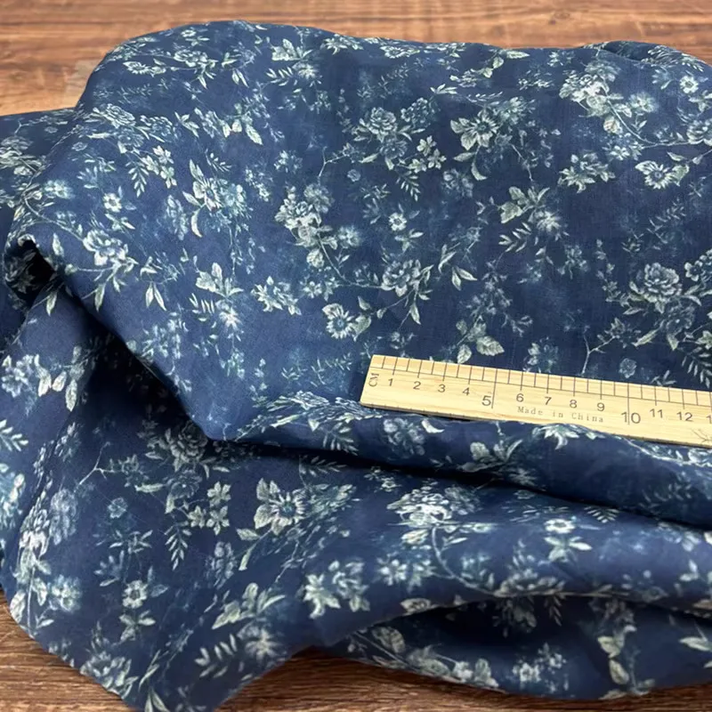 

1yard High end pure ramie tecidos fabric for clothing blue Plant flowers printing telas shirt dress cheongsam fabric