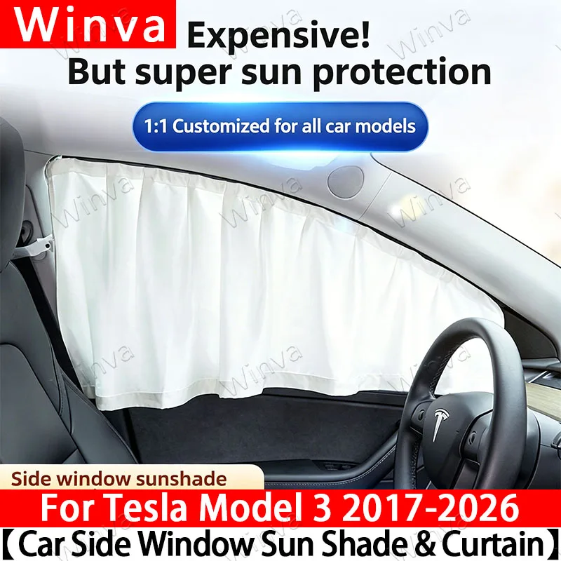For Tesla Model 3 2017-2026 Car Curtain Ice Crystal Heat-Shield Sunshade Full Set Side Windows Privacy&UV Protection Travel&Nap