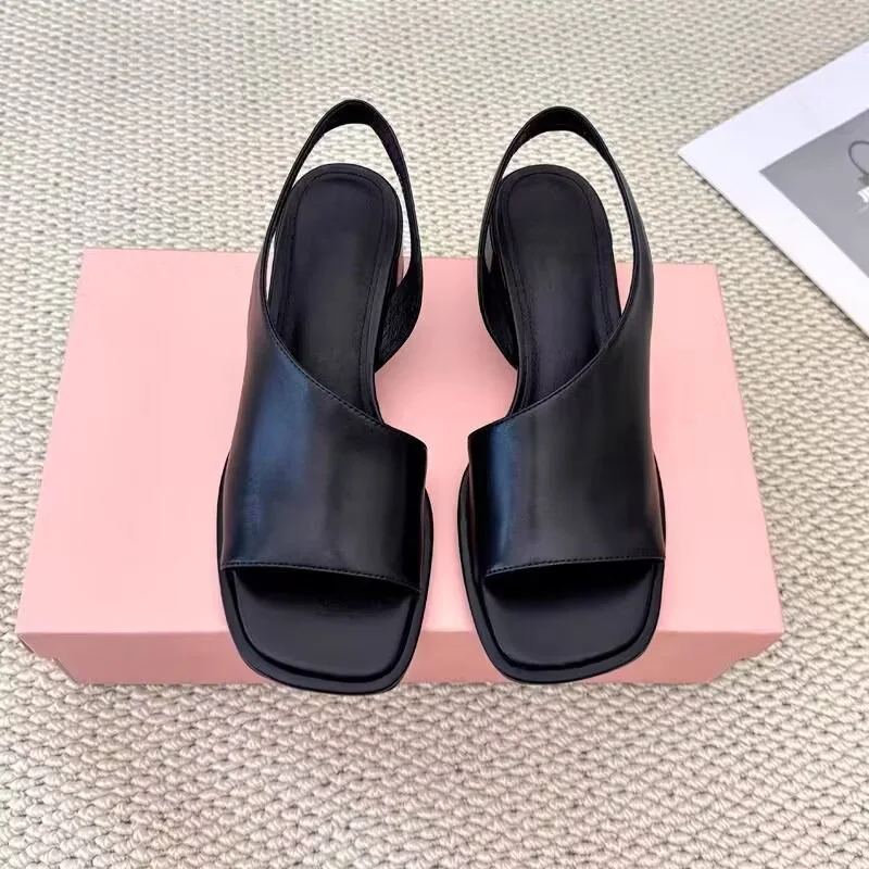 Women's Black Slingback Square Toe Sandals Faux Leather Medium Block Heel Elegant Comfortable Work Daily Non-Slip Dress Shoes