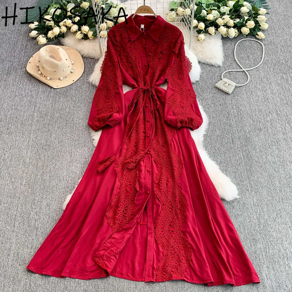 

Elegant Turn-down Collar Lace Patchwork Lantern Sleeve Dress Single Breasted Slim Big Swing Robe French Style Chic Vestido