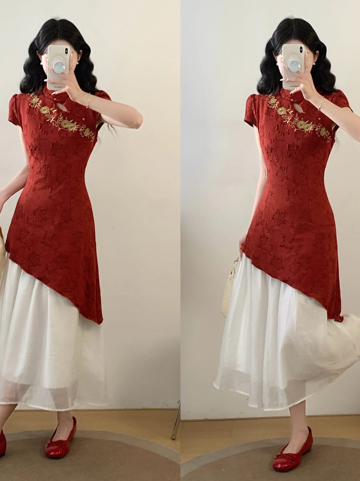

Red plus Size Summer Dress Embroidered Modified Qipao with Button Detail New Chinese Style Fashionable And Versatile Women's ...