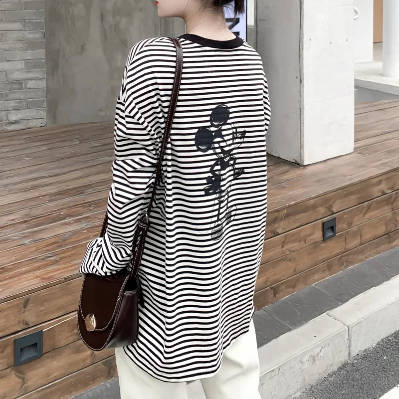  Black White Striped Bottoming Shirt Women's 2023 New Inner Wear Loose Pure Cotton Cartoon Long-Sleeved T-shirt Top