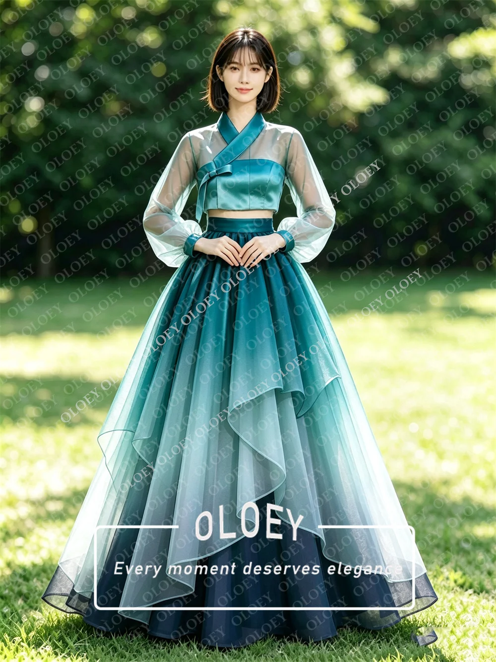OLOEY Gradient Teal Organza Satin Hanbok Dress Set 3 PCS Floor Length A Line Traditional Korean Photo Shoot Gown Customized