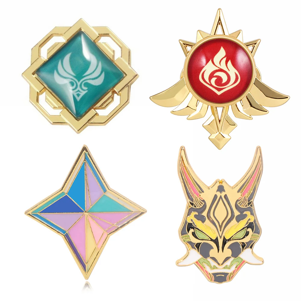 Game Genshin Impact Metal Brooch Pins Primogem Xiao Mask Vision 7 Element God's Eye Weapons Luminous Badge Cosplay Prop Jewelry