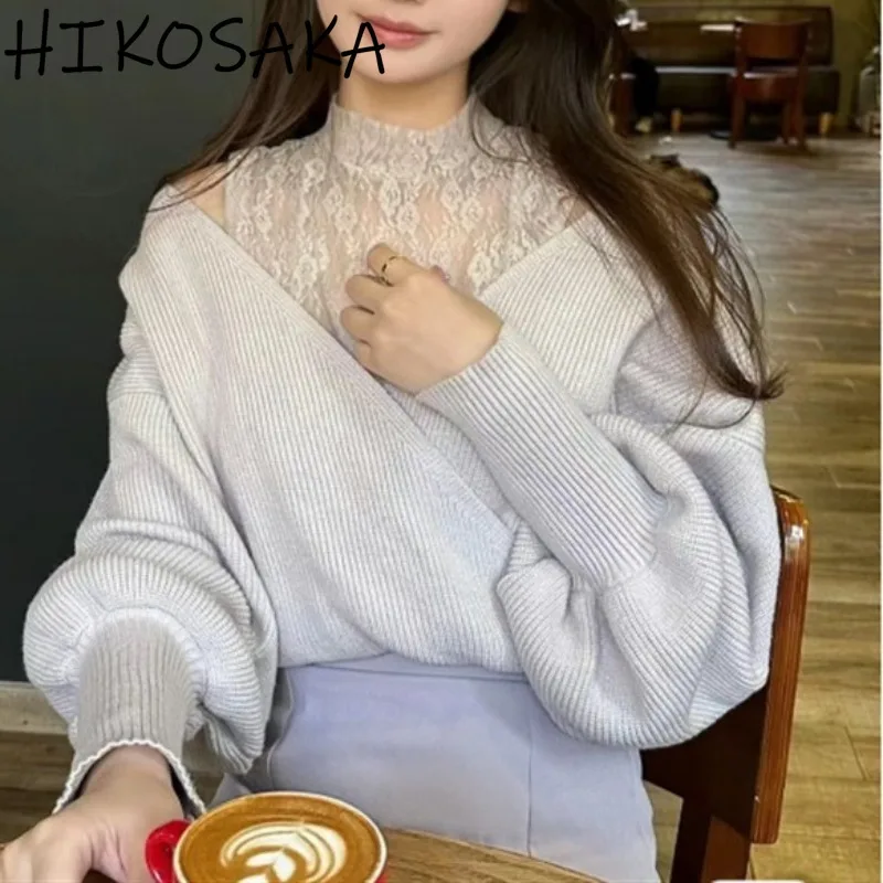 Lace Patchwork Mock Neck Sweater Sexy Off Shoulder Long Sleeve Knit Pullovers Japan Sweet Solid Casual Jumpers 2024 Fall Winter