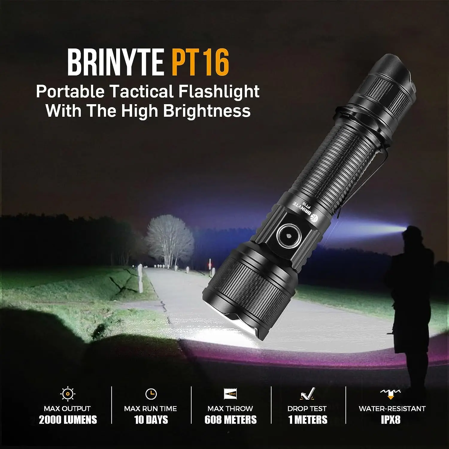 

Brinyte PT16 2000 Lumen Rechargeable Military Tactical Flashlight USB-C Compact Led Flashlights Professional Hunting Torch Light