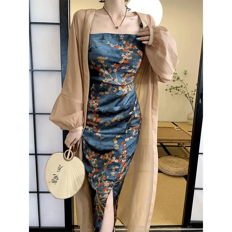 New Chinese Dresses Women Sexy Improved Qipao Set Mesh Cardigan&cami Vestidos Costumes Print Flower Cheongsam Hanfu Suit