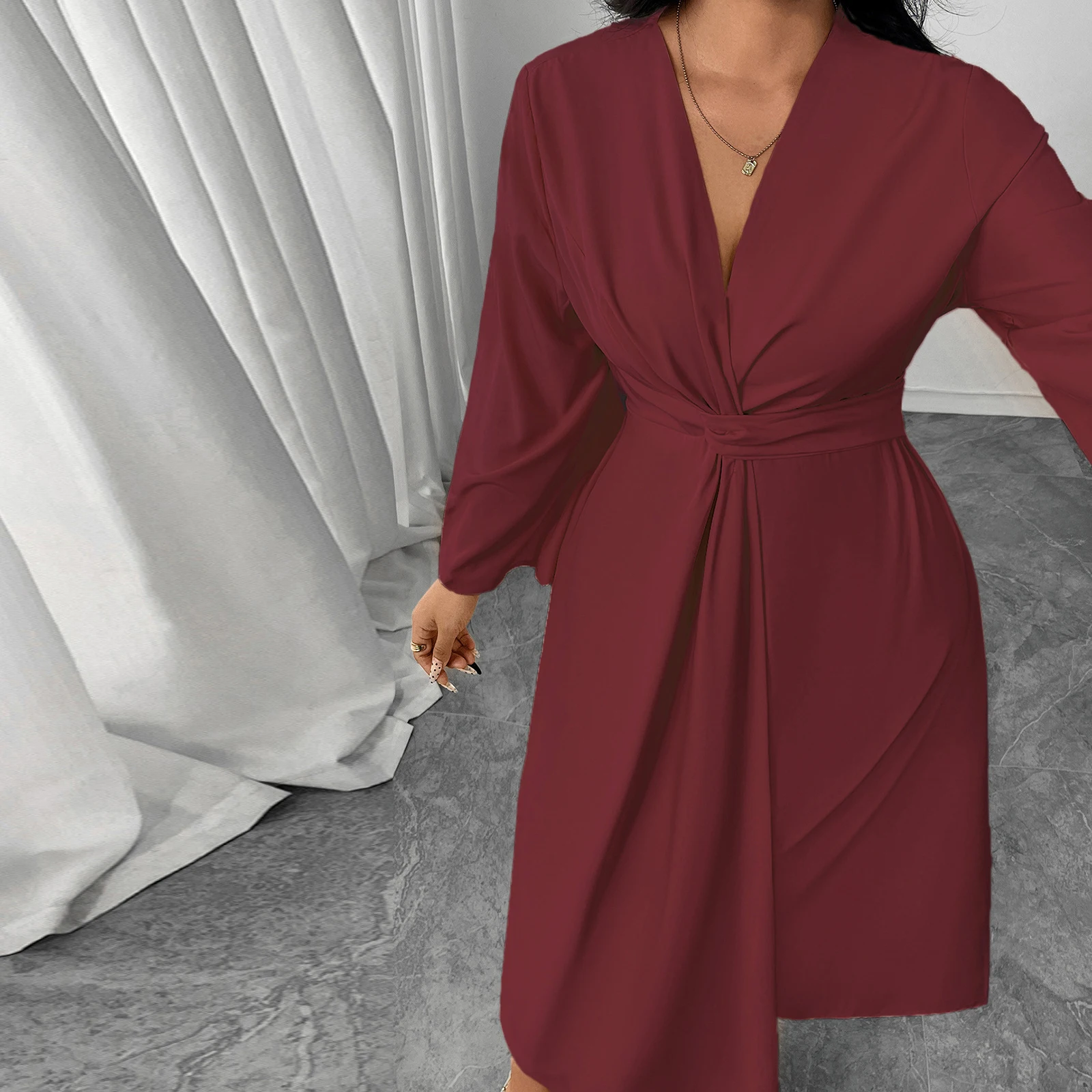 

Женское осеннее платье больших размеров, элегантное однотонное платье с длинным рукавом и v-образным вырезом, облегающее платье с асимметричным подолом и талией