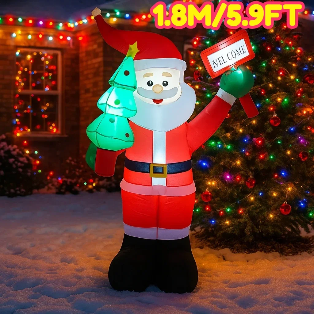 1.8M/5.9FT Inflatable Santa Claus with Christmas Tree Lights LED Home Holiday Lighting Decor Yard Xmas Holiday Supplies Outdoor