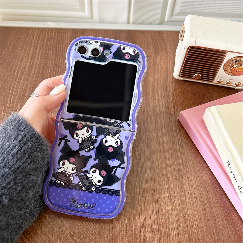 Wavy Edge Purple Phone Case For Samsung Galaxy Z Flip 3 4 5 5G ZFlip5 Cartoon Kuromi Sanrio Silicone Back Cover With accessories image 3