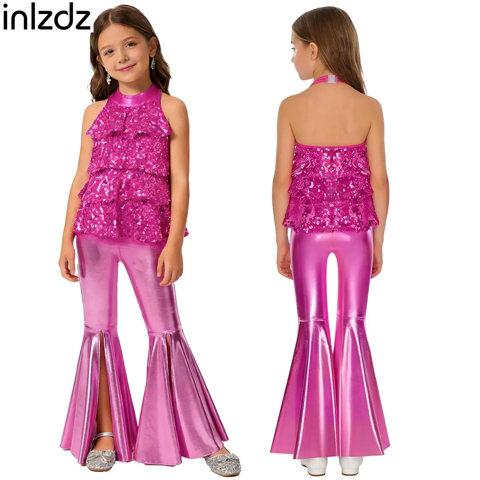 

2Pcs Kids Girls Jazz Street Dance Costume Halter Backless Shiny Sequins Leotard with Split Bell-Bottom Metallic Pants Clubwear