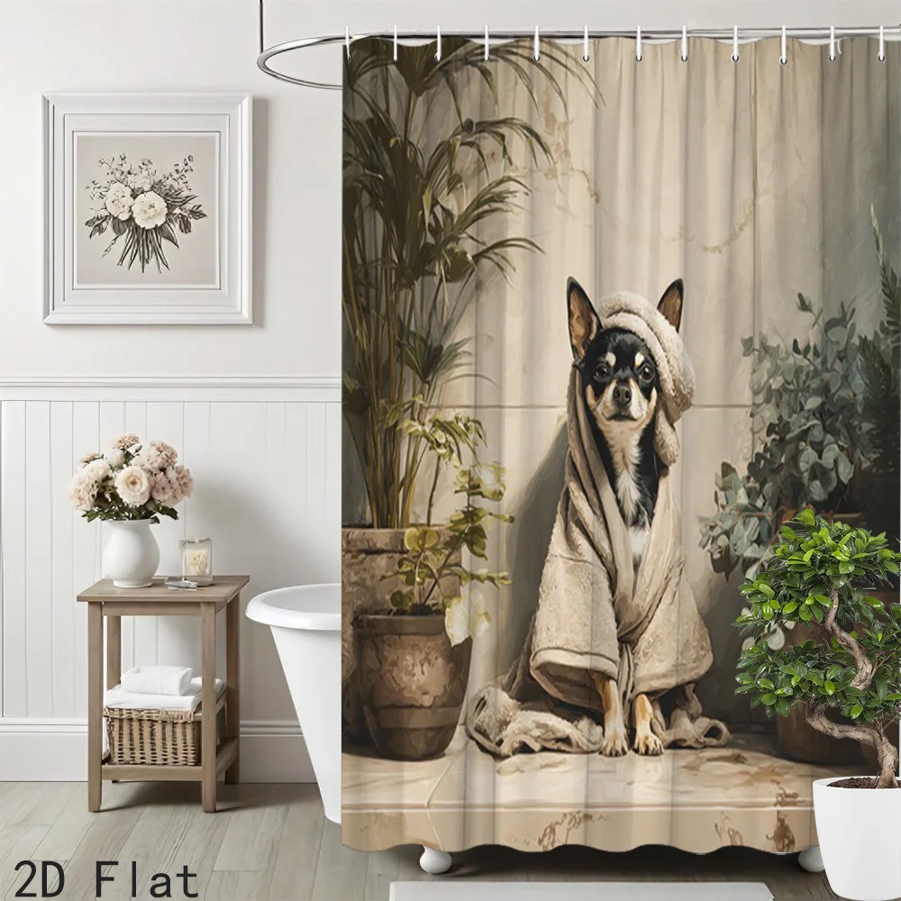 Funny Dog Shower Curtain, Chihuahua Wrapped in Towel Print Bath Screen, Waterproof Polyester Fabric Pet Lover Bathroom Decor