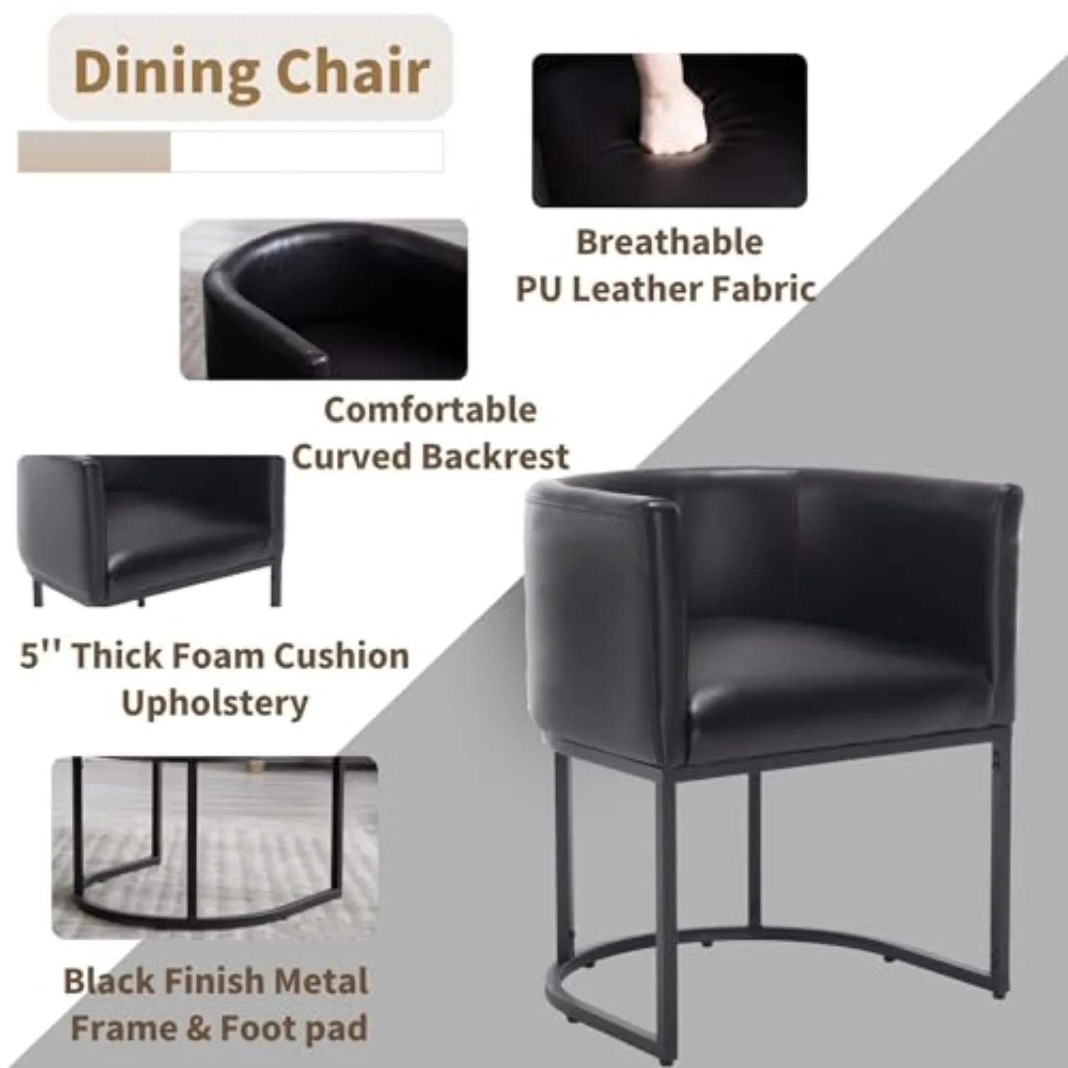 Mid Century Modern Upholstered Barrel Black Dining Chair with Arms, Leather Kitchen & Dining Room Chair, 18.5" Wide view 5