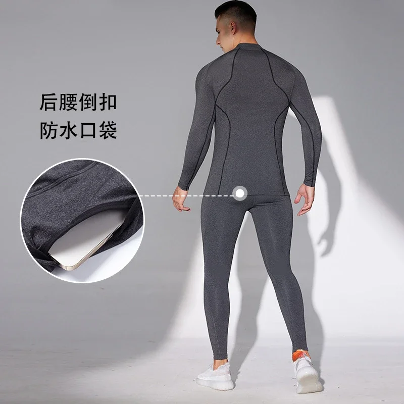 Traje deportivo ajustado de lana para hombre, conjunto de ropa interior térmica de manga larga para correr y gimnasio, ropa deportiva de compresión de terciopelo para trotar