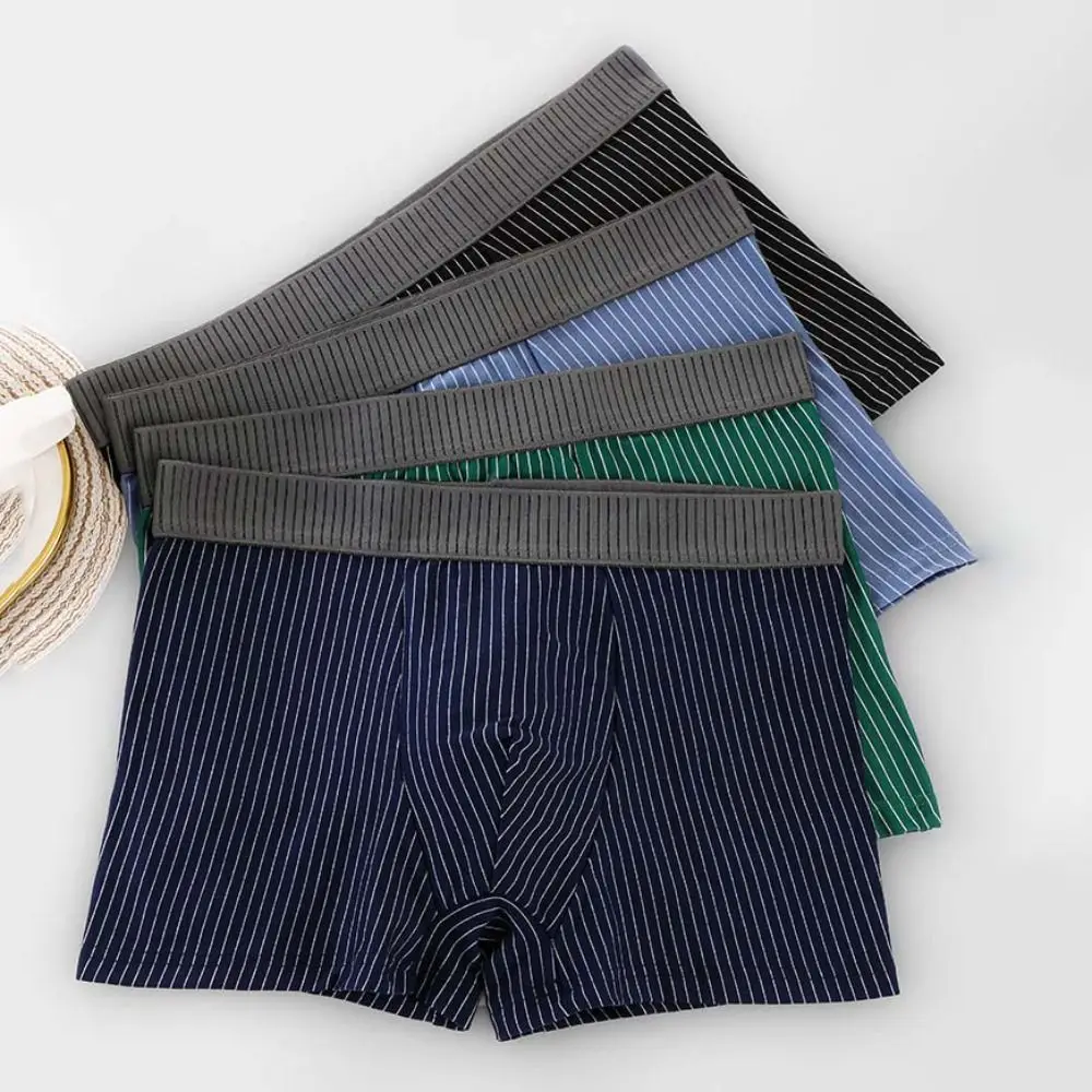 

4PCS Elastic Stripe Men's Flat Panties Mid Waist Briefs Sporty Boxers Shorts Large Size Underpants Men's Underwear Man