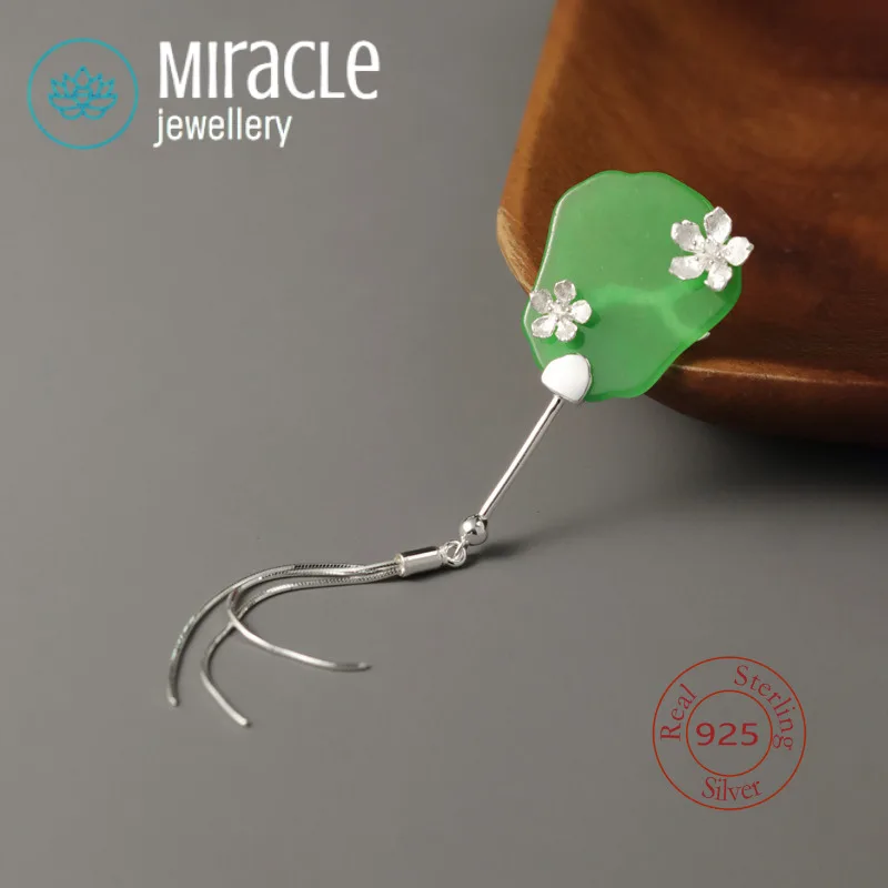 

Miracle Sterling Silver 925 Original Design Brooch Optimized Jade Ancient Style Peach Blossom Fan Cheongsam Hanfu Collar Pin