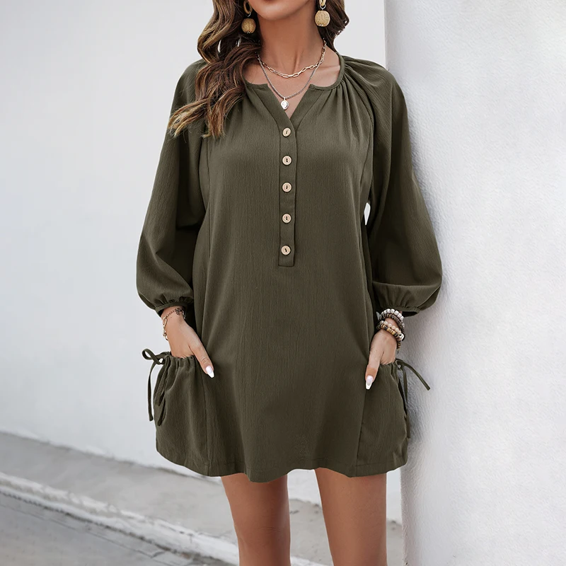 

Women's Green Long Sleeve Button Decor Drawstring Pocket Mini Dress Casual Daily Loose Fit