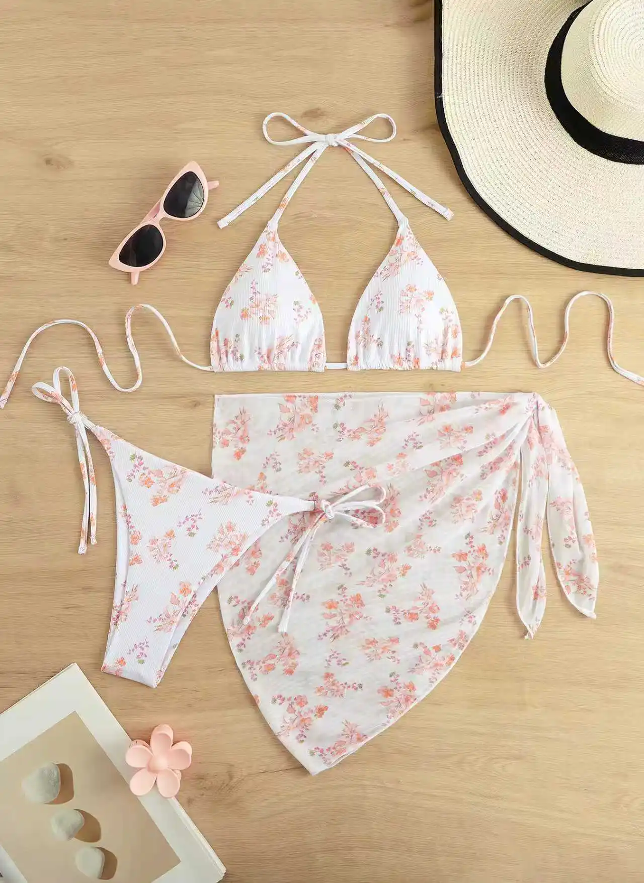 

sexy flower print halter tie bikinis sets three pieces with mesh cover skirt swimsuits bathing suit swimwear biquini tankini
