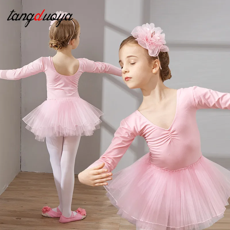 Meninas ballet collants bowknot vestido de dança crianças manga longa collants ginástica rosa algodão crianças ginástica bodysuits vestido