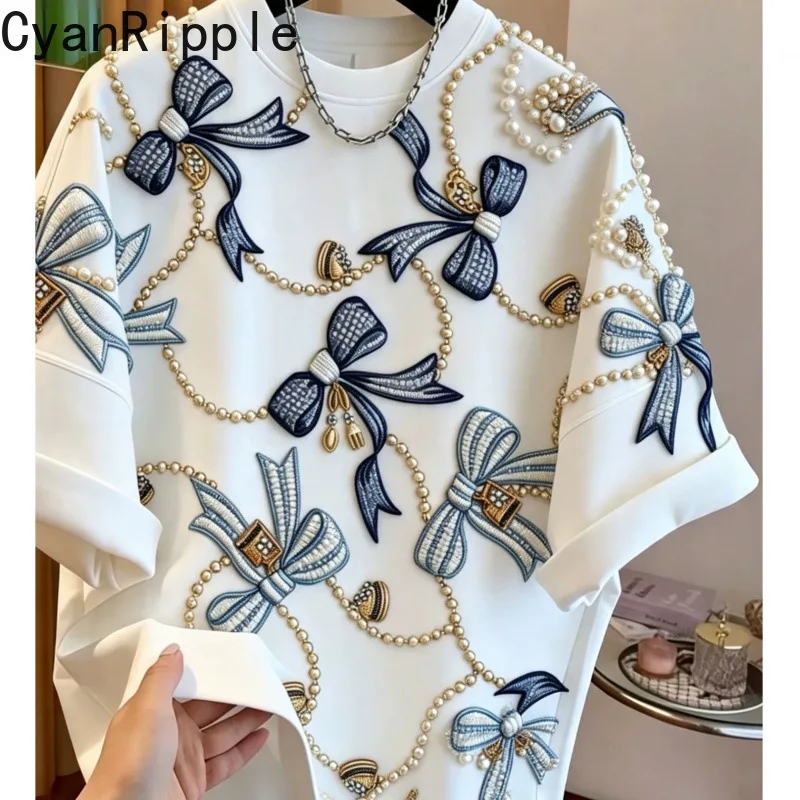 2026 New Summer All-match Loose Round Neck Pullover Top Casual Women Short Sleeve Tees Diamonds Beads Female Basic Tees