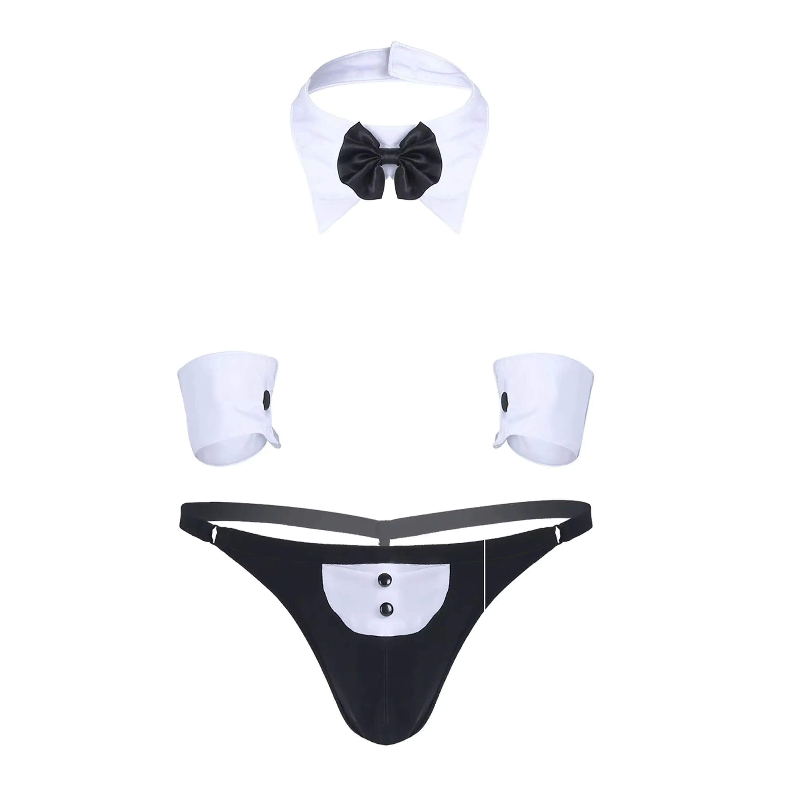 

Мужской смокинг для официанта, нижнее белье, сексуальный костюм для косплея, стринги с открытой спиной, нижнее белье с бантом, воротником и браслетом, 3 шт.