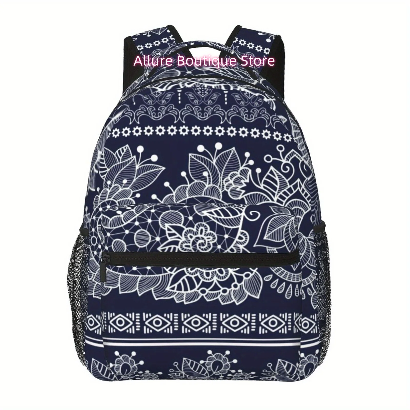 Full-color printed navy blue ethnic style pattern, shoulder and waist protection design backpack, fashionable iPad laptop bag wi