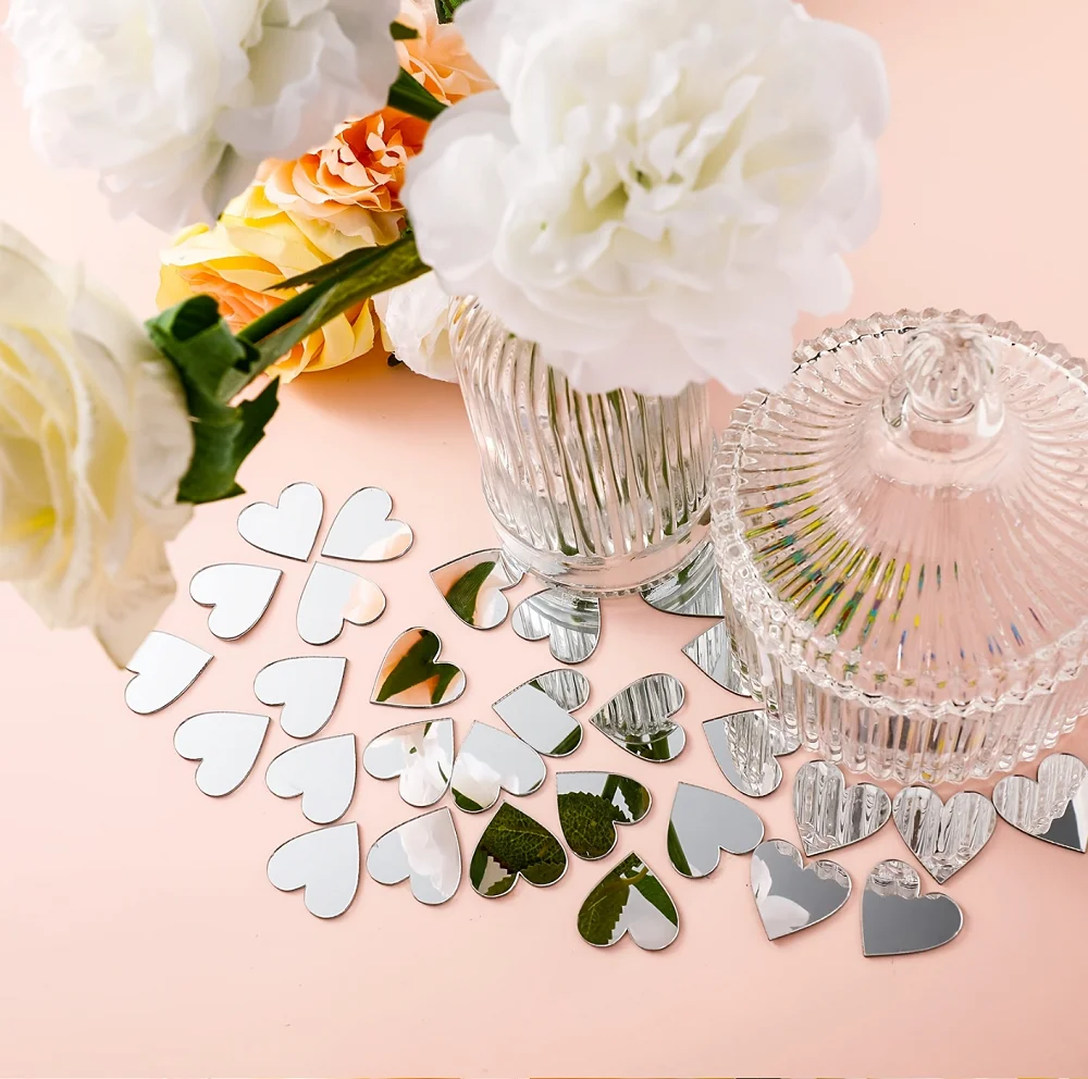 100 Uds 2*2cm espejo acrílico círculo corazón cuadrado 3D pegatina de espejo de pared dormitorio decoración del banquete de boda póster arte calcomanías redondas