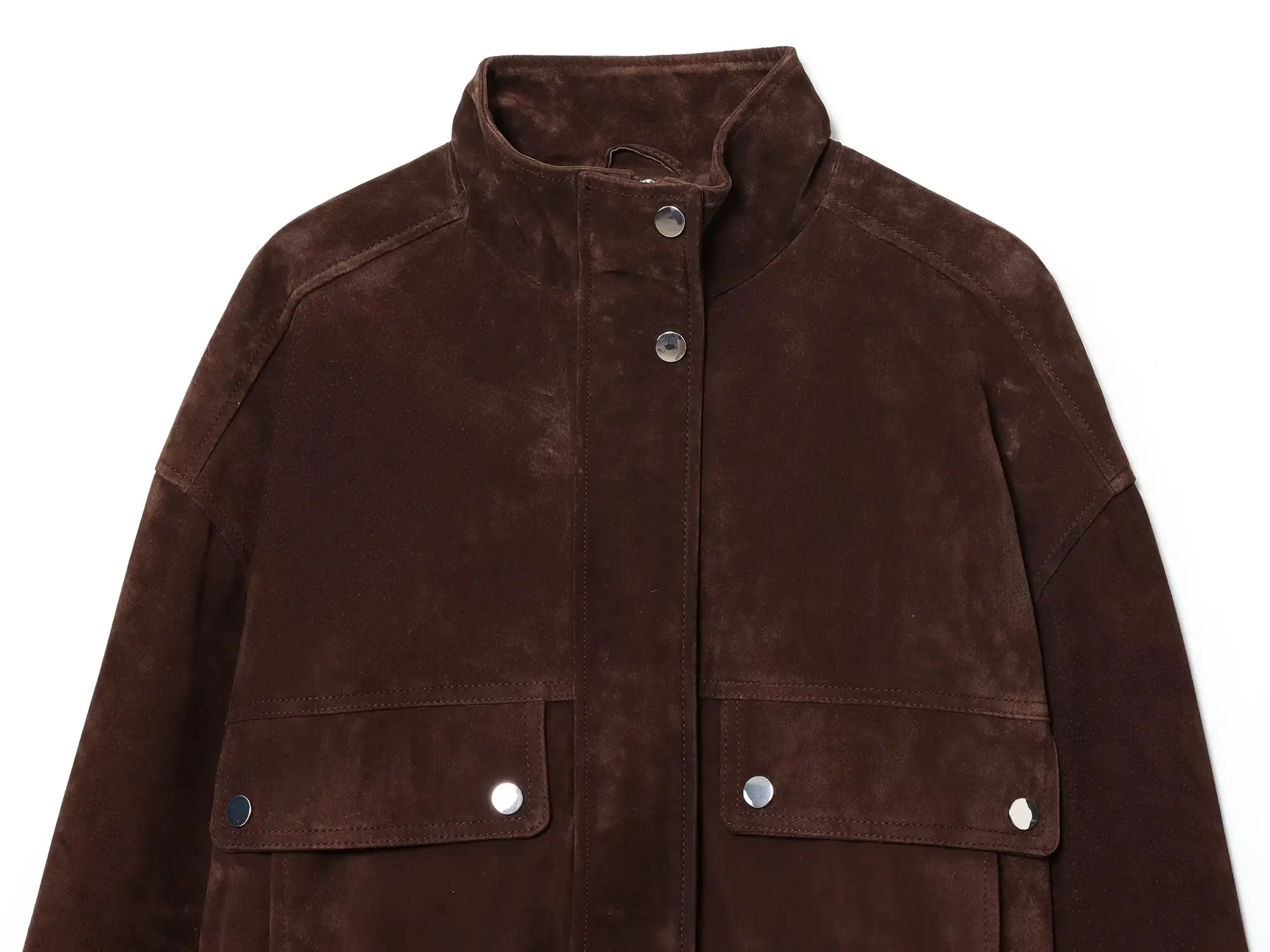 Damen Wildlederjacke mit Taschen Herbst Winter Hochkragen Langarm Knopfjacke Damenmäntel Lässige Schicke Oberteile – Detail 3