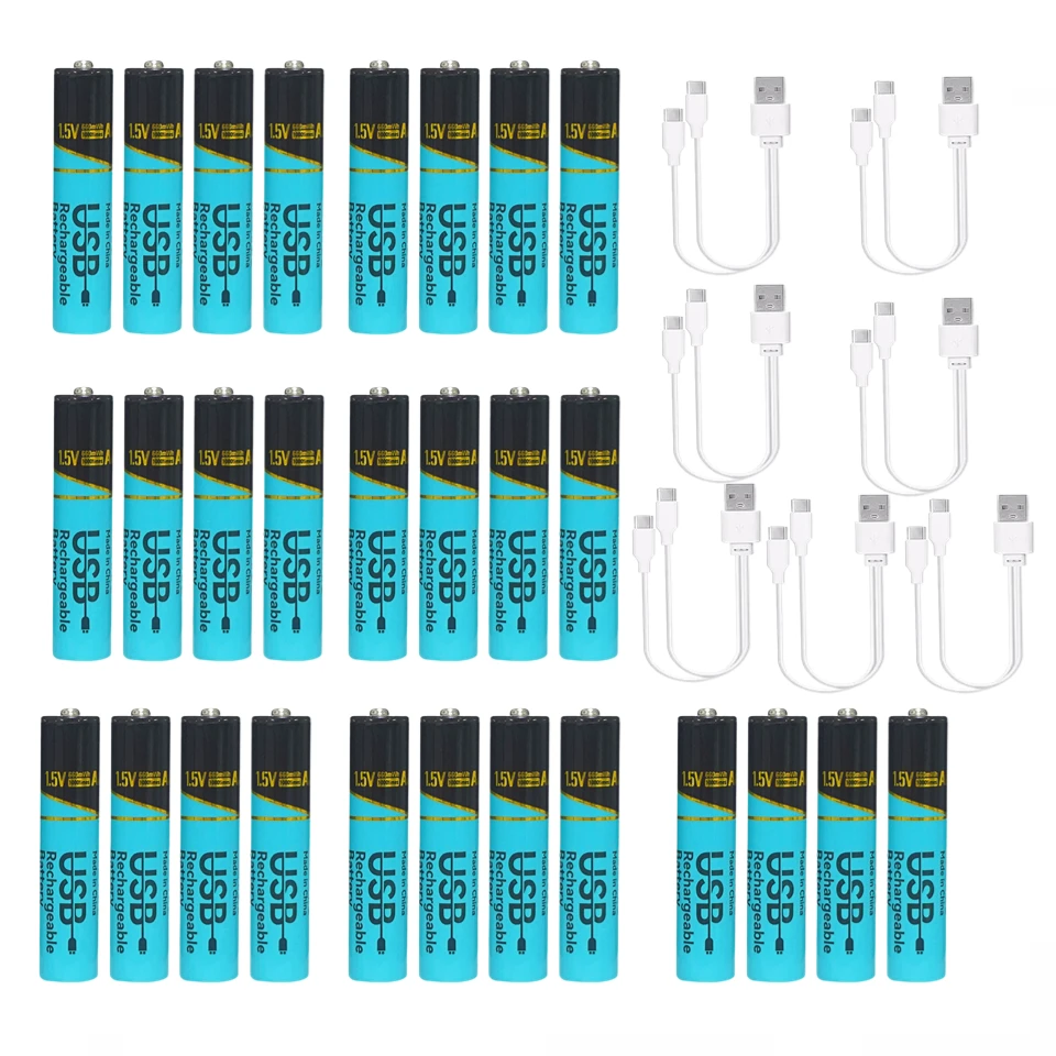 Skywolfeye 28Pcs 1.5V Lithium AAA USB Rechargeable Batteries High Capacity Batteries 660mWh with 7 Cables for Toy TV Remote