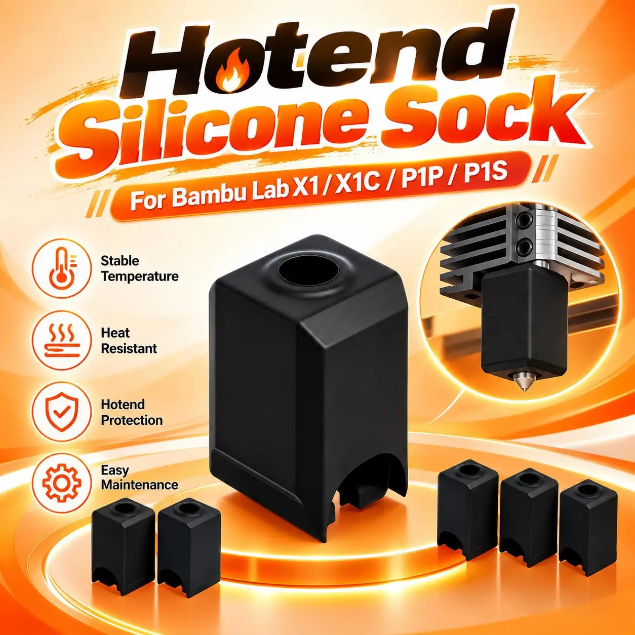For Bambu Lab X1 X1C P1P P1S 3D Printer Hotend Silicone Sock, High Temp Heat Insulation Cover 1/2/3/4/5/10PCS